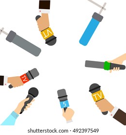 Journalists with microphones on white background. Breaking news concept. TV and radio broadcasting. Live.
