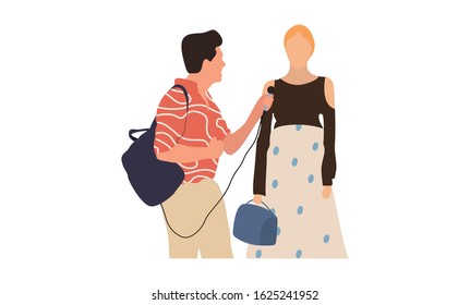 Journalists of news channels and radio stations are take interviewed. Characters interviewer and people. Vector illustration in flat cartoon style.