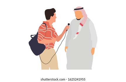 Journalists of news channels and radio stations are take interviewed. Characters interviewer and people. Vector illustration in flat cartoon style.