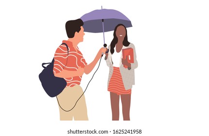 Journalists of news channels and radio stations are take interviewed. Characters interviewer and people. Vector illustration in flat cartoon style.