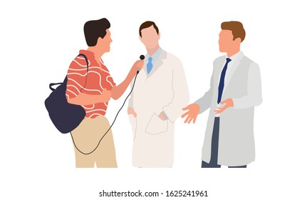 Journalists of news channels and radio stations are take interviewed. Characters interviewer and people. Vector illustration in flat cartoon style.