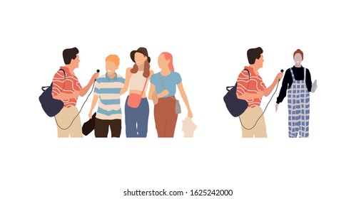 Journalists of news channels and radio stations are take interviewed. Characters interviewer and people. Vector illustration in flat cartoon style.
