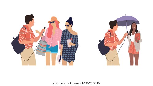 Journalists of news channels and radio stations are take interviewed. Characters interviewer and people. Vector illustration in flat cartoon style.