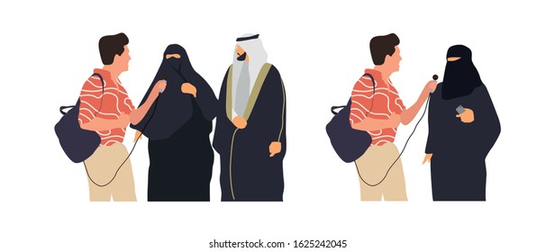 Journalists of news channels and radio stations are take interviewed. Characters interviewer and people. Vector illustration in flat cartoon style.