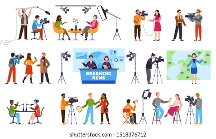 Journalists. Newscaster and journalist profession, media record. Television industry. Press interview with cameraman vector talking to camera isolated characters