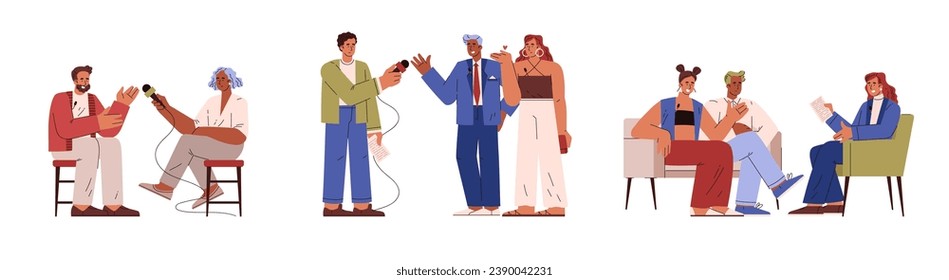 Journalists and reporters characters interviewing quests of show or broadcast, flat vector illustrations isolated on white background. Professional journalists at work.