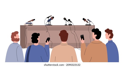 Journalists and reporters with dictaphones waiting for press conference to begin. Empty podium with microphones at forum awaiting for speakers, cartoon flat vector illustration.