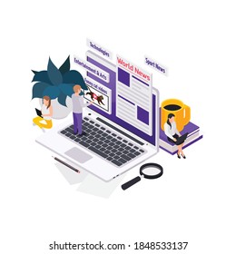 Journalists Reporters News Media Isometric Composition With Images Of Laptop And Portal Categories With People Vector Illustration