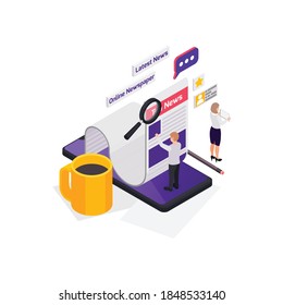 Journalists reporters news media isometric composition with characters of newsmakers with feed and smartphone vector illustration