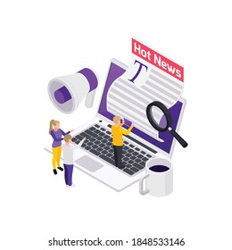 Journalists reporters news media isometric composition with laptop and flexible newspaper with human characters vector illustration