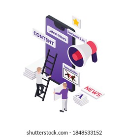 Journalists reporters news media isometric composition with people constructing mobile news portal with content blocks vector illustration