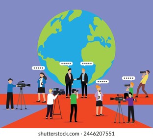 Journalists, reporters and photographers on an important event 2d flat vector illustration