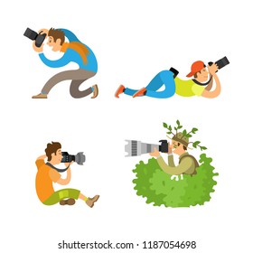 Journalists or reporters spy making reportage vector illustrations. Photographers or paparazzi taking photo with digital cameras from all angles and bush