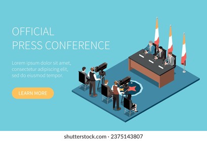 Journalists shooting politicians during official press conference isometric website banner with button vector illustration