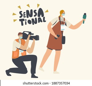 Journalists Shooting Sensational News, Cinema Award Ceremony or Festival. Paparazzi Characters Waiting Celebrity or Show Business Stars Appearance, Journalistics. Linear People Vector Illustration