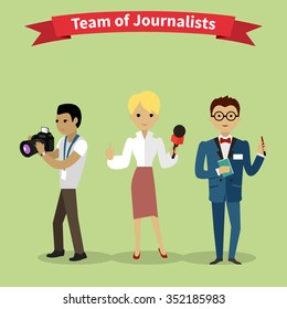 Journalists team people group flat style. Report and press, writer and interview, media news, news reporter, professional and camera, character reporter, journalism illustration