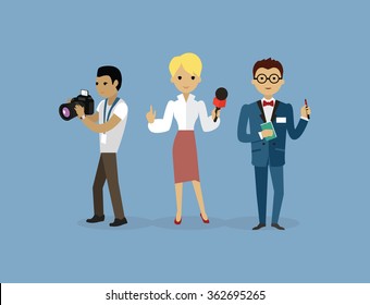 Journalists team people group flat style. Report and press, writer and interview, media news, news reporter, professional and camera, character reporter, journalism illustration. Journalists team