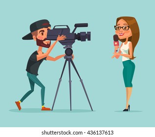 Journalists. Woman reporter. Journalists do report. Two journalists. Vector flat cartoon illustration