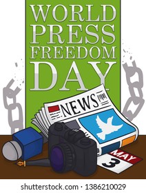 Journalist's work desk with elements to commemorate a peaceful World Press Freedom Day this May 3: newspaper with dove silhouette, microphone, pen, photographic camera and loose-leaf calendar.