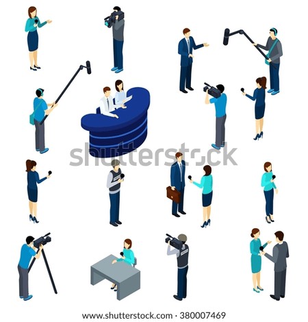 Journalists at work isometric icons set of conducting interviews reporting and broadcasting professionals abstract isolated vector illustration