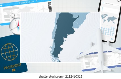 Journey to Argentina, illustration with a map of Argentina. Background with airplane, cell phone, passport, compass and tickets. Vector mockup.