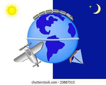 Journey around the earth both in the daytime and at night in any transport