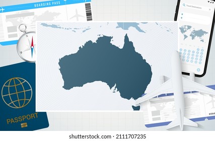 Journey to Australia, illustration with a map of Australia. Background with airplane, cell phone, passport, compass and tickets. Vector mockup.
