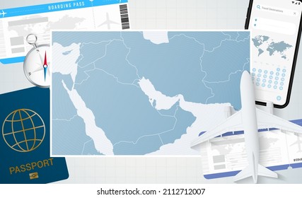 Journey to Bahrain, illustration with a map of Bahrain. Background with airplane, cell phone, passport, compass and tickets. Vector mockup.
