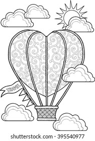 Journey in a balloon. Valentines day. Coloring book for adult. I love you