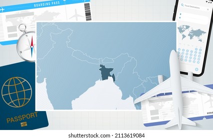Journey to Bangladesh, illustration with a map of Bangladesh. Background with airplane, cell phone, passport, compass and tickets. Vector mockup.
