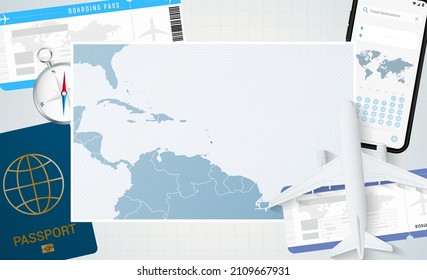Journey to Barbados, illustration with a map of Barbados. Background with airplane, cell phone, passport, compass and tickets. Vector mockup.
