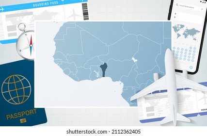 Journey to Benin, illustration with a map of Benin. Background with airplane, cell phone, passport, compass and tickets. Vector mockup.