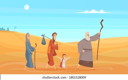 Journey of bible characters. Narrative historical background holy people going in dessert landscape from scenery god vector illustration