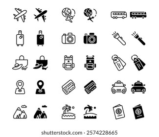 Journey black icon set. Plane, bus and taxi transport sign . Beach and mountain vacation symbol. Travel backpack and sea bag pictogram. Passport and flying tickets illustration.