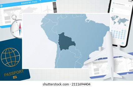 Viaje a Bolivia, ilustración con mapa de Bolivia. Antecedentes con avión, teléfono móvil, pasaporte, brújula y boletos. Burla de vectores.