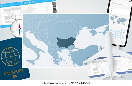 Journey to Bulgaria, illustration with a map of Bulgaria. Background with airplane, cell phone, passport, compass and tickets. Vector mockup.