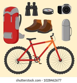 The journey by bike. Set of icons. Vector illustration.