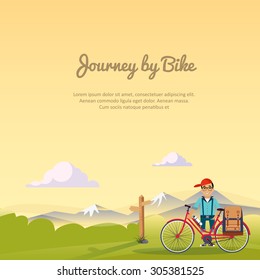 Viaje en bicicleta, Viaje Estilo de vida Concepto de planear vacaciones de verano Turismo y Símbolo de viaje Ciudad Hipster con Bosque de montaña Bicicleta Moderno Diseño plano Icono Modelo Vector Ilustración