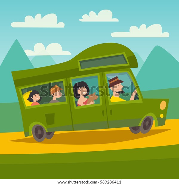Journey by bus vector illustration.\
Family with childrens on vacation. Cartoon character people r on\
summer holidays. Bus trip card, tourism\
concept\

