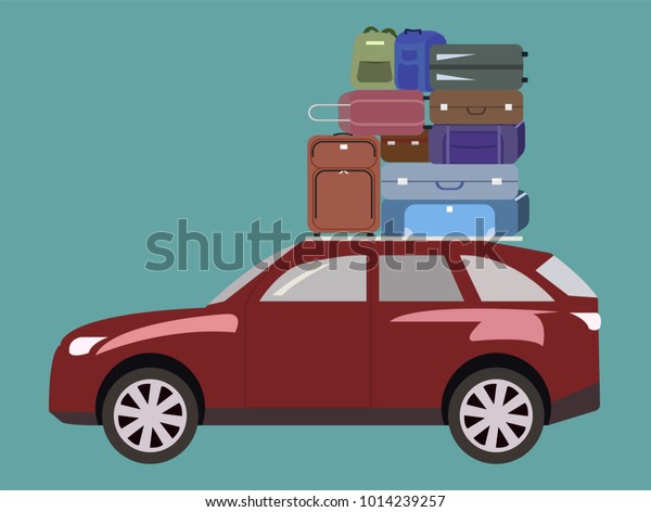 The journey by car. Luggage, bags and suitcases on\
the roof of the car.