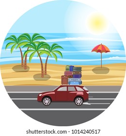 The journey by car. Near the sea and the beach. Luggage, bags and suitcases on the roof of the car.