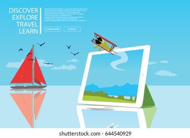 journey by sea yacht floats on the shiny surface of the tablet to fly a small plane