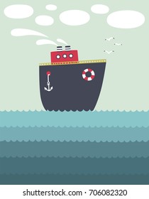 Journey by ship. Vector illustration with ship in the sea.