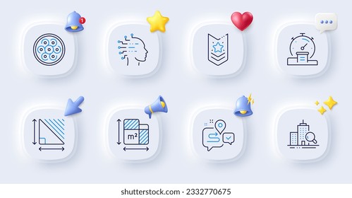 Journey, Cable section and Shoulder strap line icons. Buttons with 3d bell, chat speech, cursor. Pack of Inspect, Timer, Artificial intelligence icon. Floor plan, Triangle area pictogram. Vector