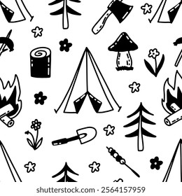 Viaje. Camp viaje sin patrón. Aventura en el bosque con árboles, carpa turística, flores y hoguera. Senderismo de montaña. Doodle de Vector dibujado a mano