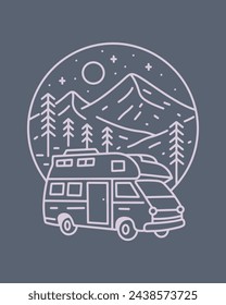 El viaje de la camioneta camper es sobre el viaje al campamento mono diseño de línea para la insignia, etiqueta engomada, parche, diseño de camiseta, etc