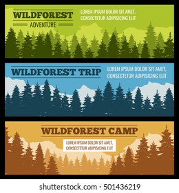 Journey, camping vector banners set with pine tree silhouettes. Poster or card with evergreen forest or park illustration