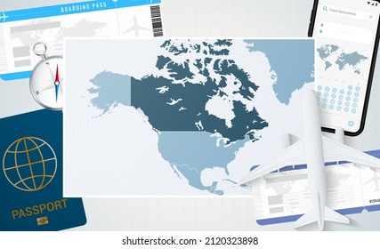 Journey to Canada, illustration with a map of Canada. Background with airplane, cell phone, passport, compass and tickets. Vector mockup.