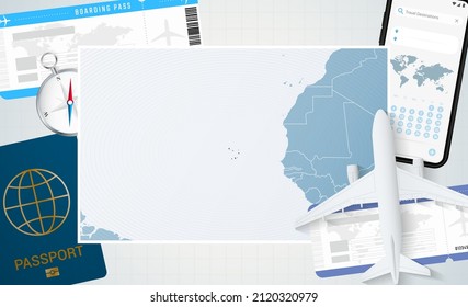 Journey to Cape Verde, illustration with a map of Cape Verde. Background with airplane, cell phone, passport, compass and tickets. Vector mockup.