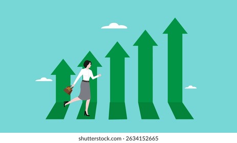 journey to career success with business growth, growing to success with work hard, businesswoman running on growth arrow up chart concept vector illustration with flat style